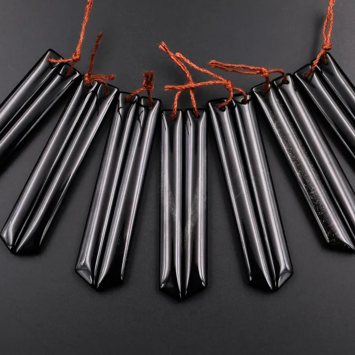 Intrinsic Trading Earrings Drilled Natural Black Obsidian Super Long Linear Spike Earring Pair Matched Rectangle Gemstone Cabochon Beads