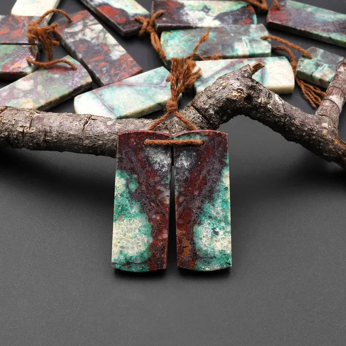 Intrinsic Trading Earrings Natural Chrysocolla in Copper Earring Pair Drilled Cabochon Cab Pair Flat Rectangle Matched Gemstone Bead Pair From Arizona