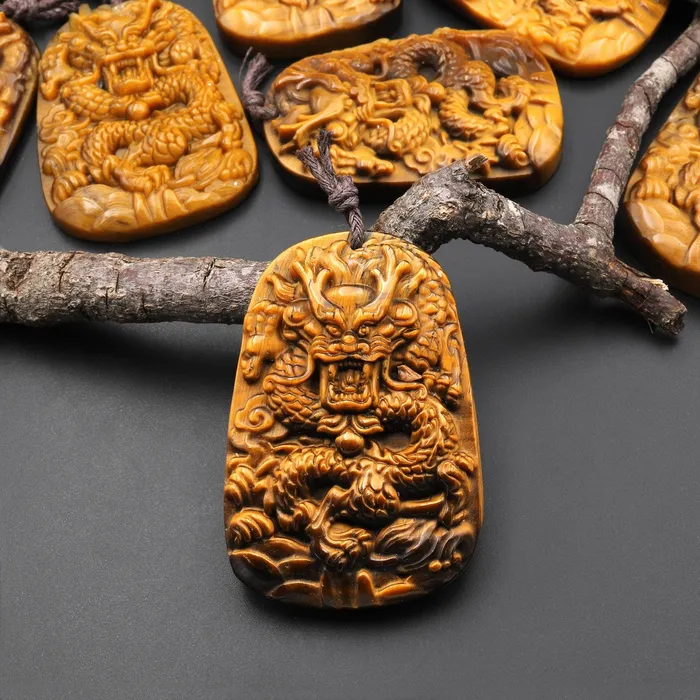 Intrinsic Trading Necklaces AAA Hand Carved Natural Tigers Eye Flying Dragon Pendant Gemstone Focal Bead