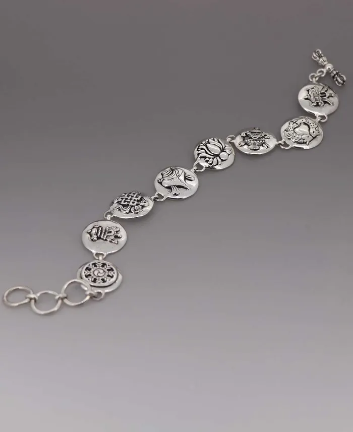 Sterling Silver Ashtamangala Bracelet Eight Auspicious Tibetan Symbols Buddha Groove Bracelets