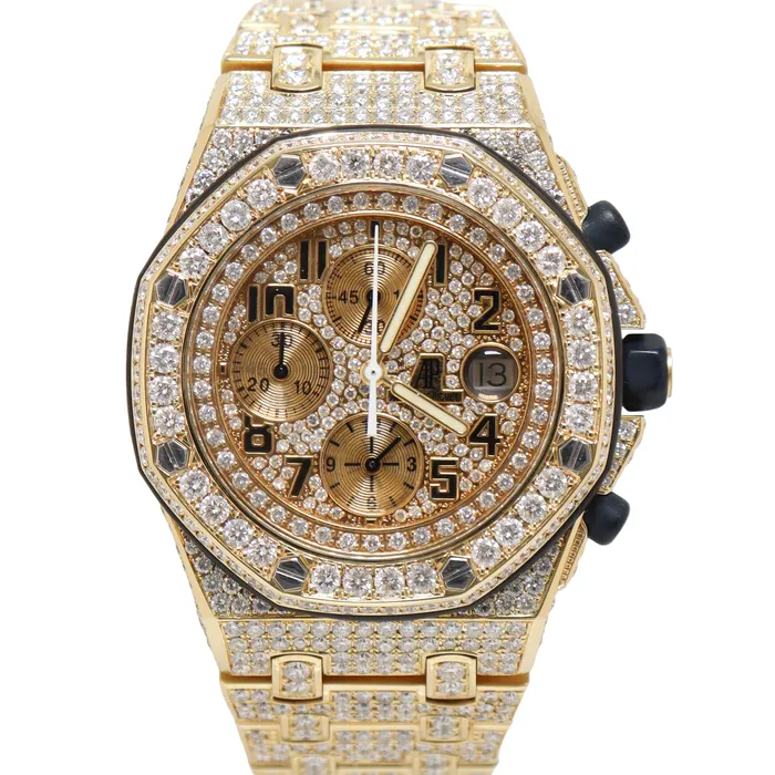 Audemars Piguet Royal Oak Offshore Yellow Gold 42mm Completely Iced Out Pave Chronograph Dial Watch Reference 25721BAOO1000BA03 Happy Jewelers Watches