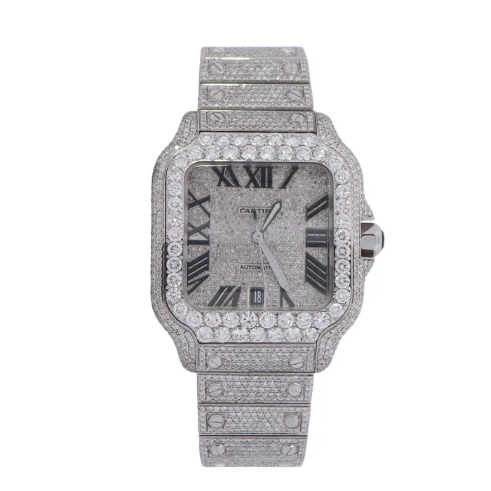 Bracelets Happy Jewelers Cartier Santos Stainless Steel 39mm Fully Iced Out Custom Diamond Pave Roman Dial Watch Reference WSSA0030 Bracelets Happy Jewelers Cartier Santos Stainless Steel 39mm Fully Iced Out Custom Diamond Pave Roman Dial Watch Reference WSSA0030