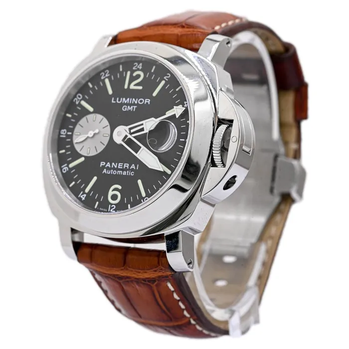 Bracelets Panerai Mens Luminor GMT Stainless Steel 44mm Black Dial Watch Reference PAM0088 Happy Jewelers