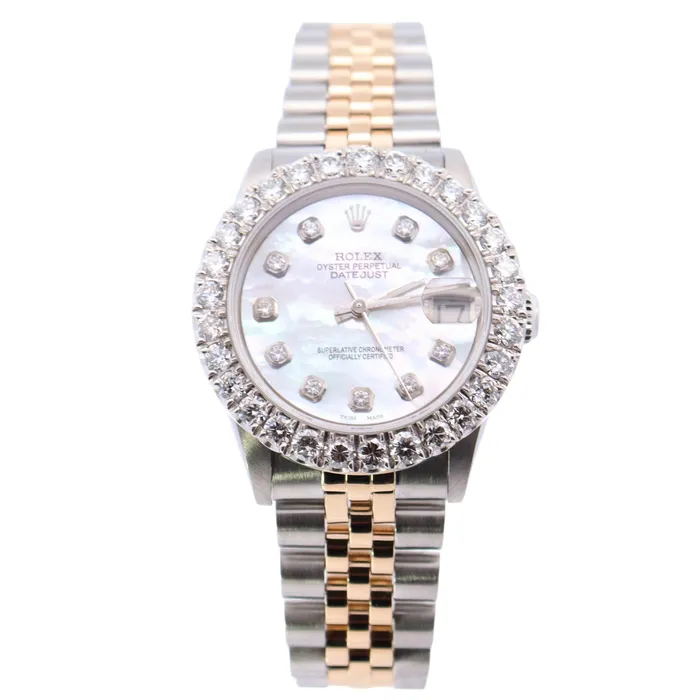 Bracelets Rolex Datejust Yellow Gold Stainless Steel 31mm Custom White MOP Diamond Dial Watch Reference 68274 Happy Jewelers Bracelets Rolex Datejust Yellow Gold Stainless Steel 31mm Custom White MOP Diamond Dial Watch Reference 68274 Happy Jewelers