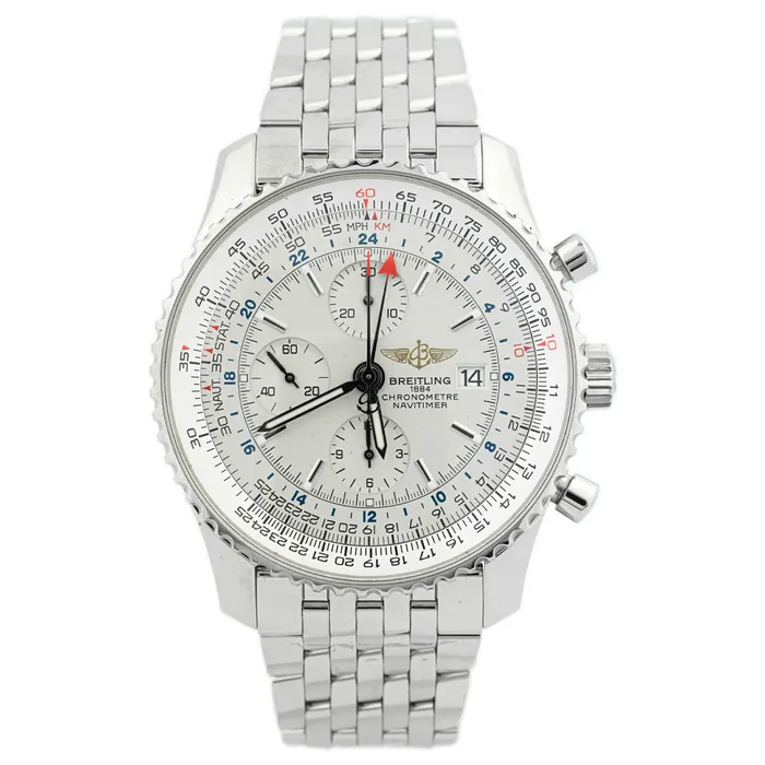 Breitling Mens Navitimer World Chronograph Stainless Steel 46mm Silver Stick Dial Watch Reference A2432212G571 Happy Jewelers Bracelets Breitling Mens Navitimer World Chronograph Stainless Steel 46mm Silver Stick Dial Watch Reference A2432212G571 Happy Jewelers Bracelets