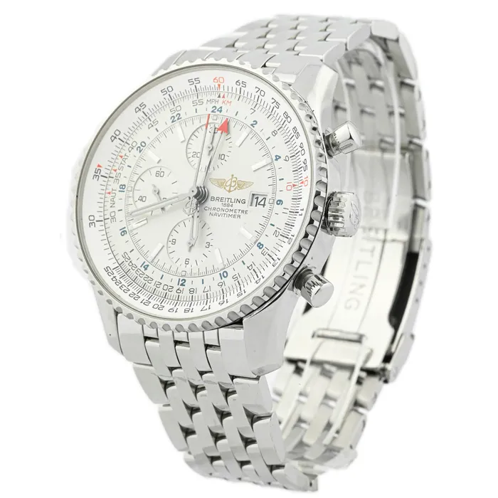 Breitling Mens Navitimer World Chronograph Stainless Steel 46mm Silver Stick Dial Watch Reference A2432212G571 Happy Jewelers Bracelets