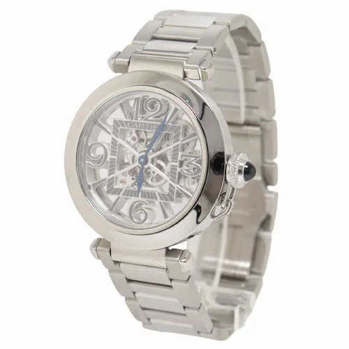 Cartier Mens Pasha Stainless Steel 41mm Skeleton Dial Watch Reference WHPA0007 Happy Jewelers Bracelets