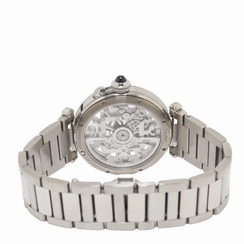 Cartier Mens Pasha Stainless Steel 41mm Skeleton Dial Watch Reference WHPA0007 Happy Jewelers Bracelets