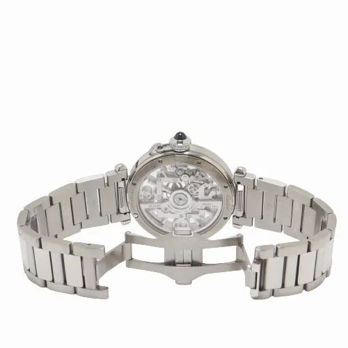 Cartier Mens Pasha Stainless Steel 41mm Skeleton Dial Watch Reference WHPA0007 Happy Jewelers Bracelets