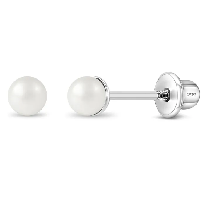 Classic Simulated Pearl White 35mm Kids Earrings Screw Back Sterling Silver Baby Screw Back Earrings Earrings