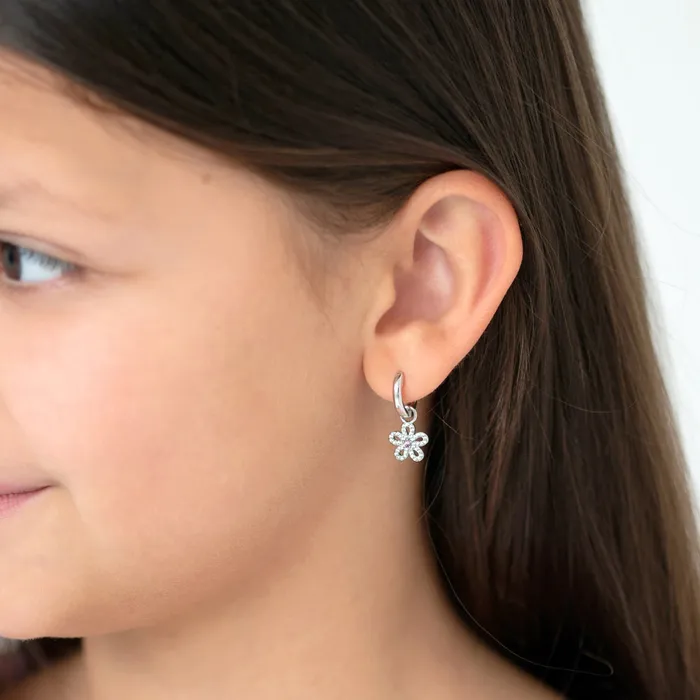 Earrings Groovy CZ Flower Dangle 9mm Kids Childrens Girls Earrings HoopHuggie Safety Latch Sterling Silver Kids Hoop Earrings