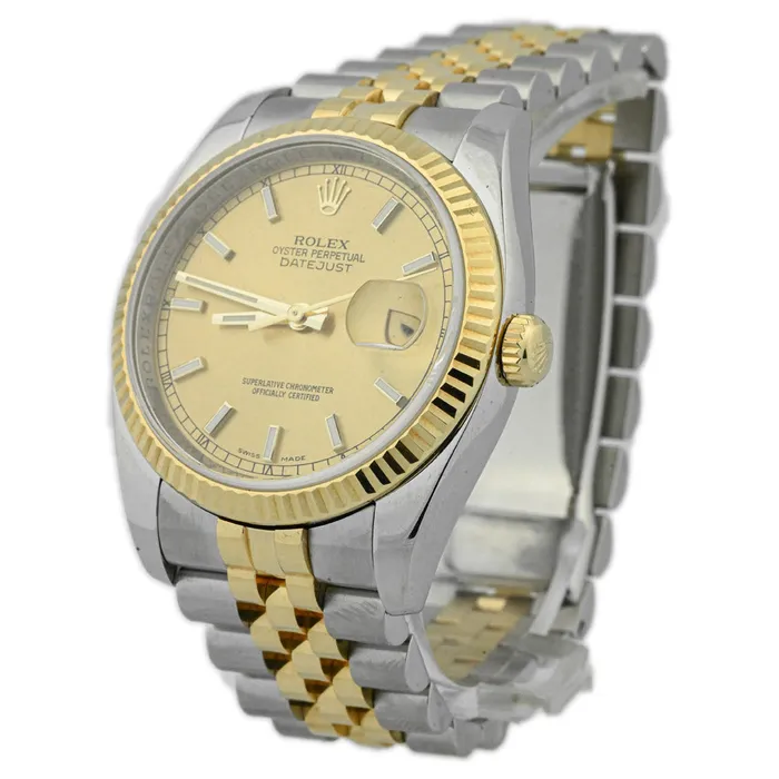 Happy Jewelers Bracelets Rolex Datejust TwoTone Stainless Steel Yellow Gold 36mm Champagne Stick Dial Watch Reference 116233