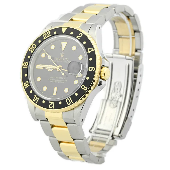 Happy Jewelers Bracelets Rolex Mens GMT Master II Yellow Gold Stainless Steel Black Dot Dial Reference 16713