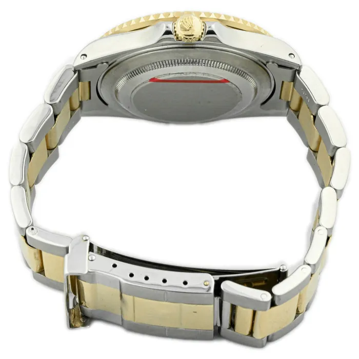 Happy Jewelers Bracelets Rolex Mens GMT Master II Yellow Gold Stainless Steel Black Dot Dial Reference 16713