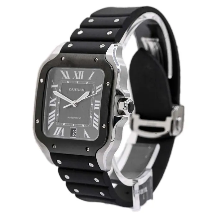 Happy Jewelers Cartier Mens Santos Stainless Steel 42mm Black Roman Dial Watch Reference WSSA0037 Bracelets