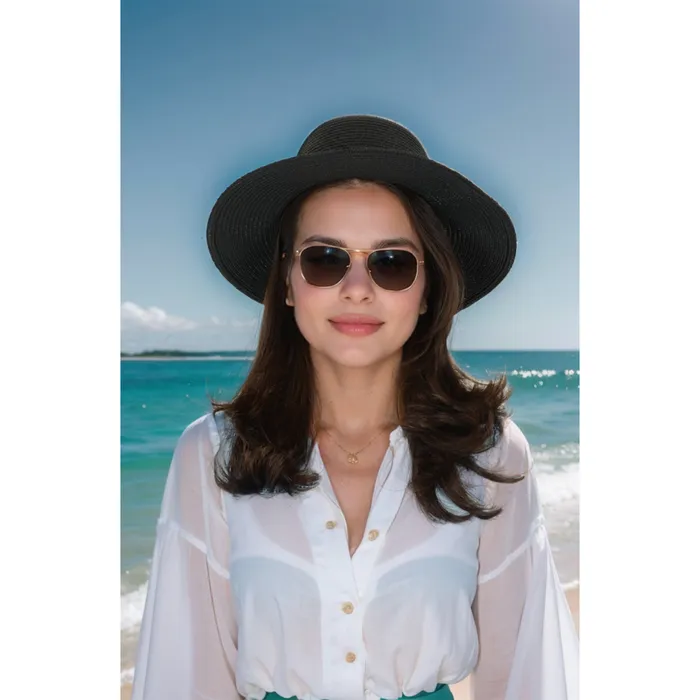 Rings Refined by AnnaKaci Wide Brim Straw Fedora Sun Hat with Black Band Lightweight Packable Summer Panama Hat for UV Protection